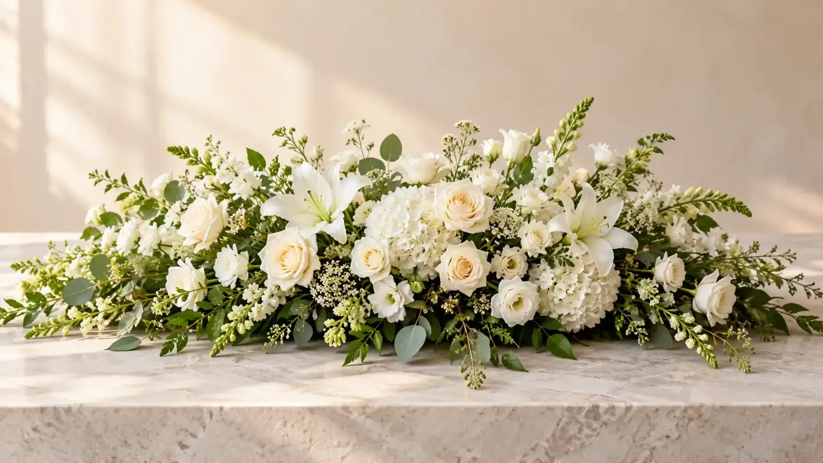 Composição floral horizontal com flores brancas e folhagem